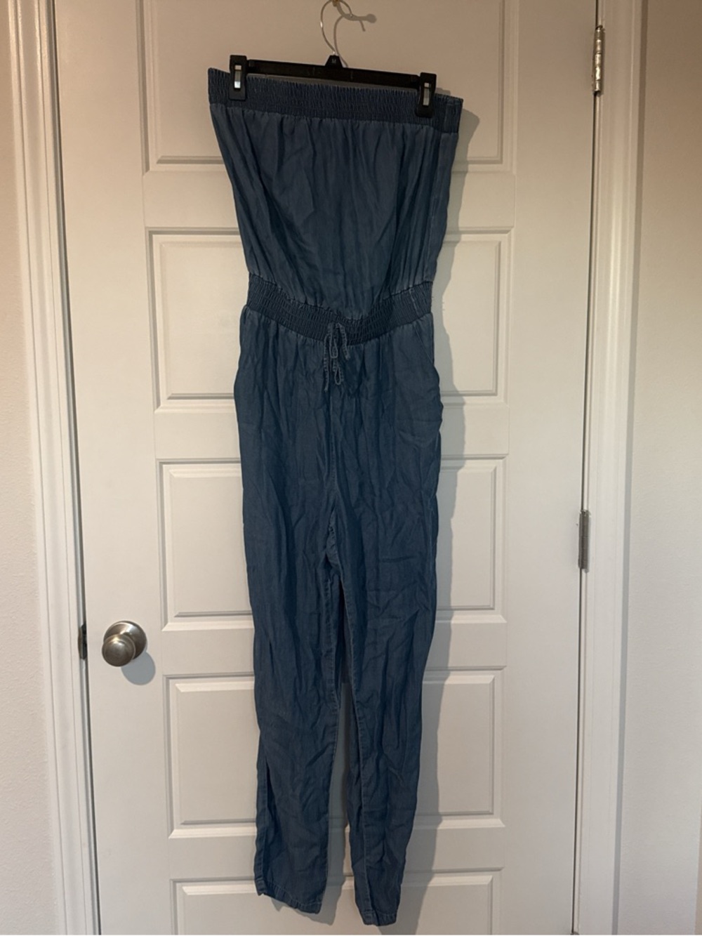 Smocked Waist Strapless Blue Jumpsuit